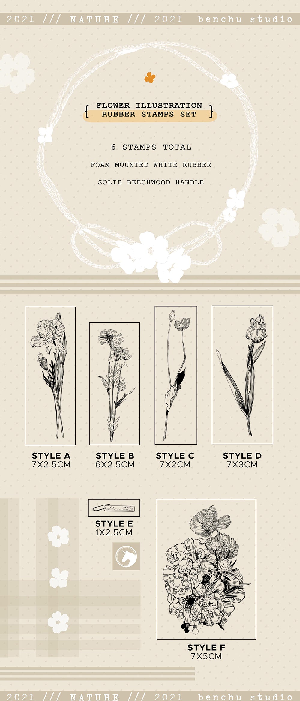 Benchu Studio: Flower Illustration Stamps Set