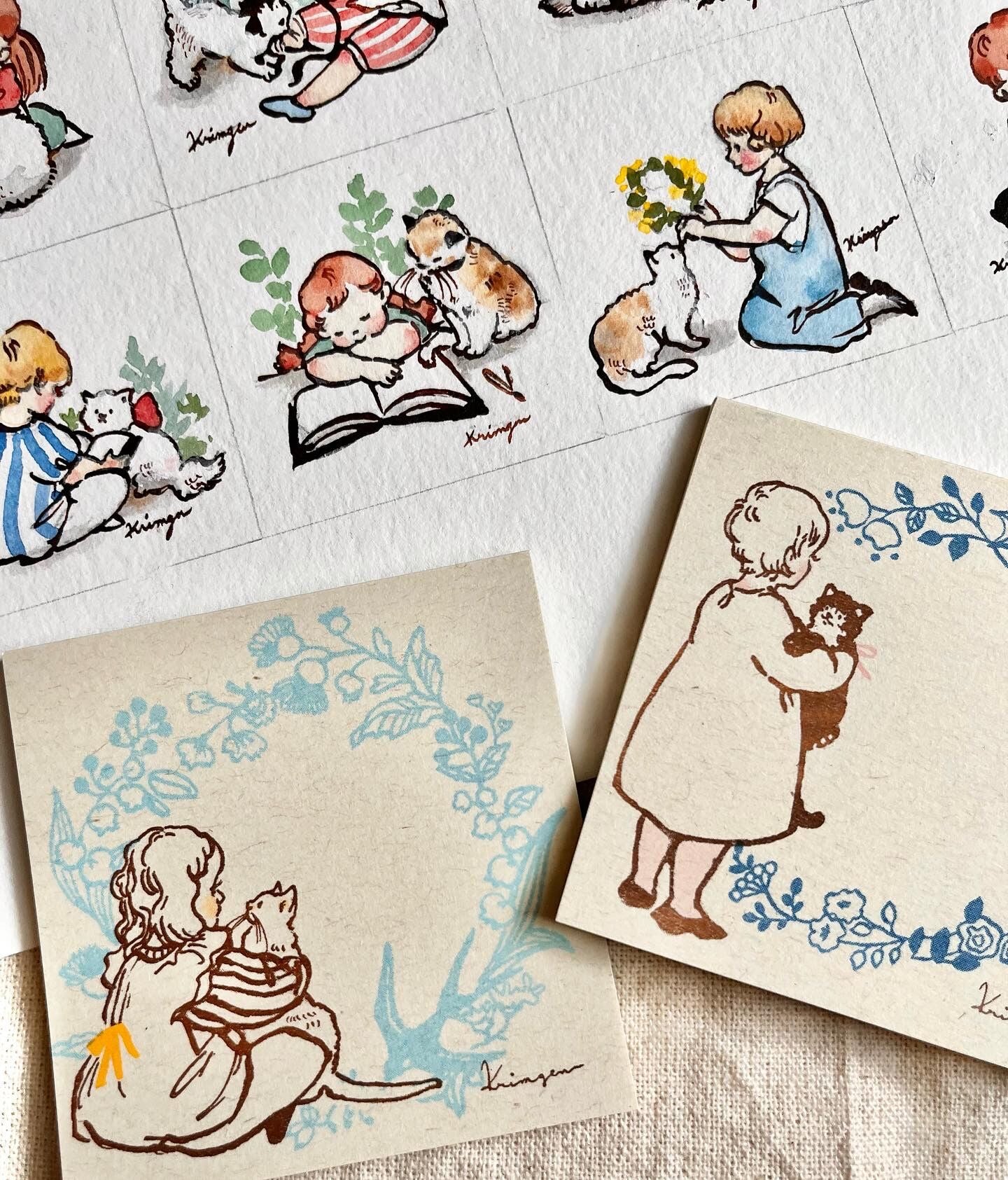 Krimgen Memo Pad: Girl and Cat in Flowers