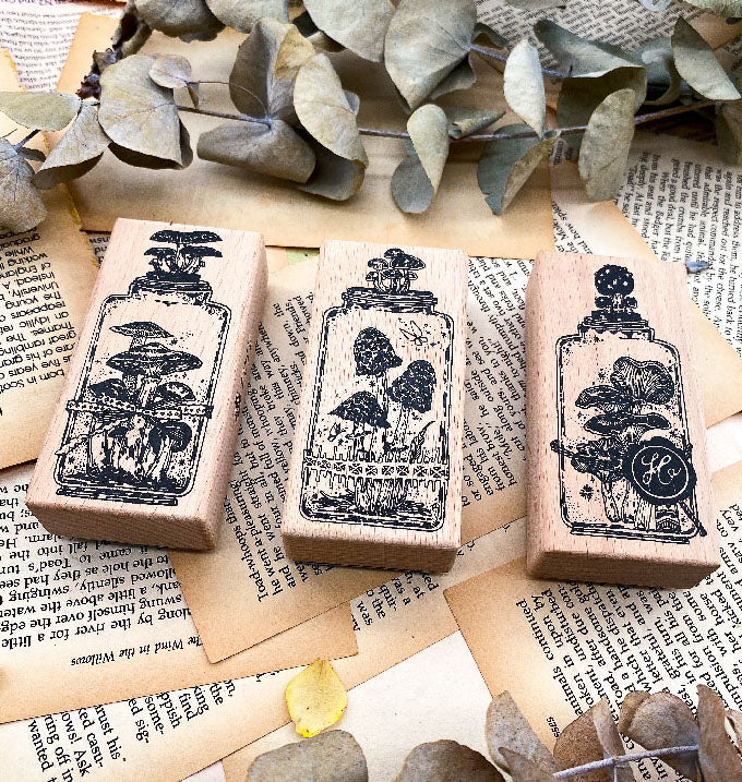 Wood3F Rubber Stamp: Mushroom Bottles 1
