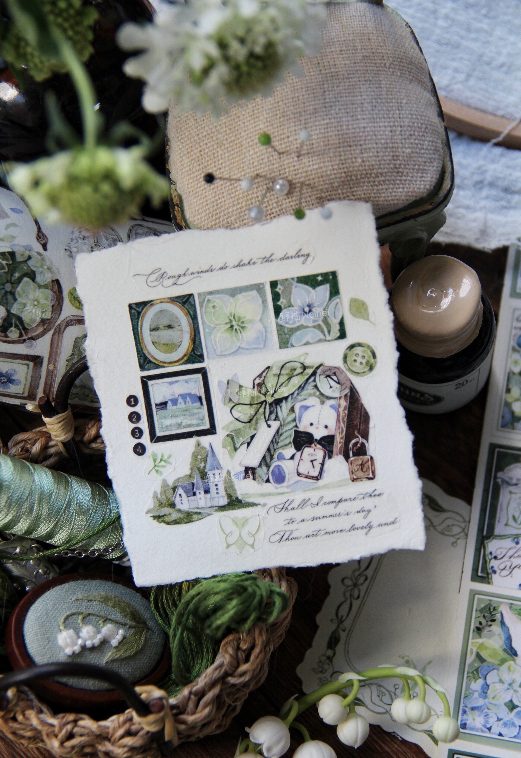 Neinei Illustration Masking Tape: Green Embroidery