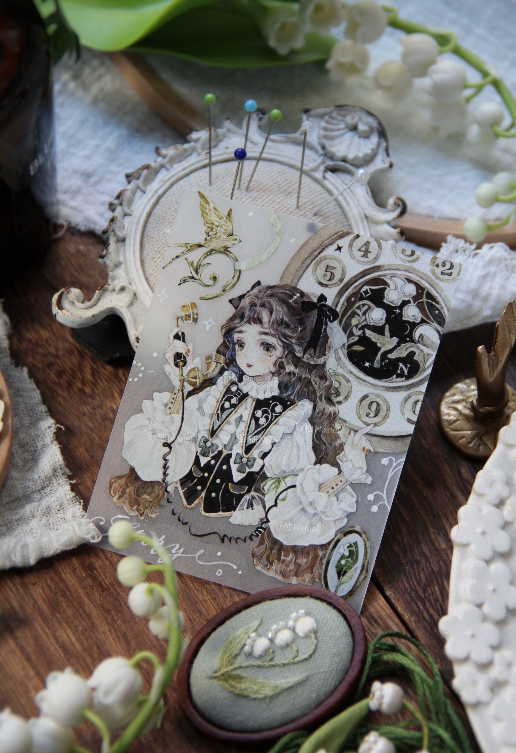 Neinei Illustration Masking Tape: Green Embroidery
