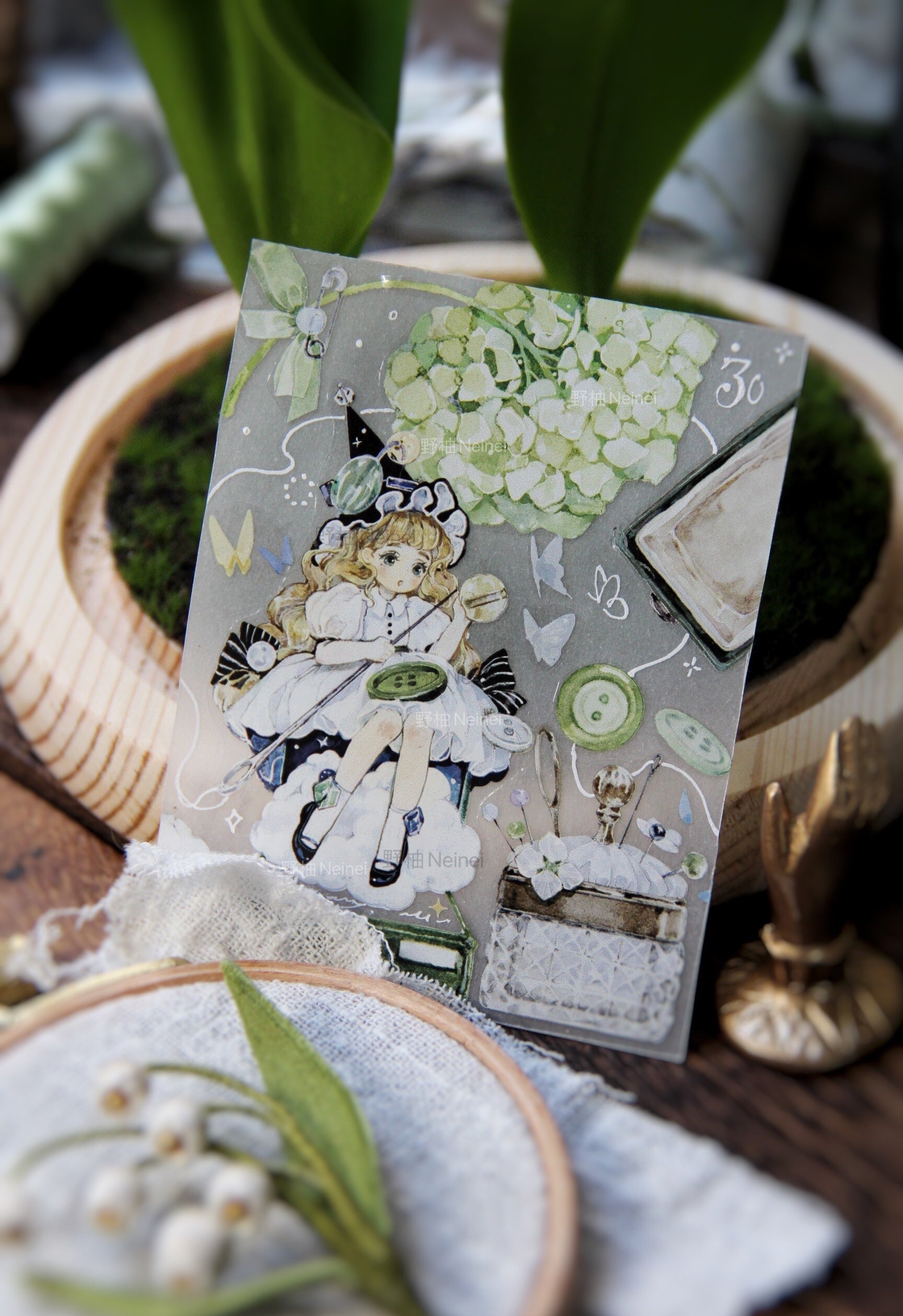 Neinei Illustration Masking Tape: Green Embroidery