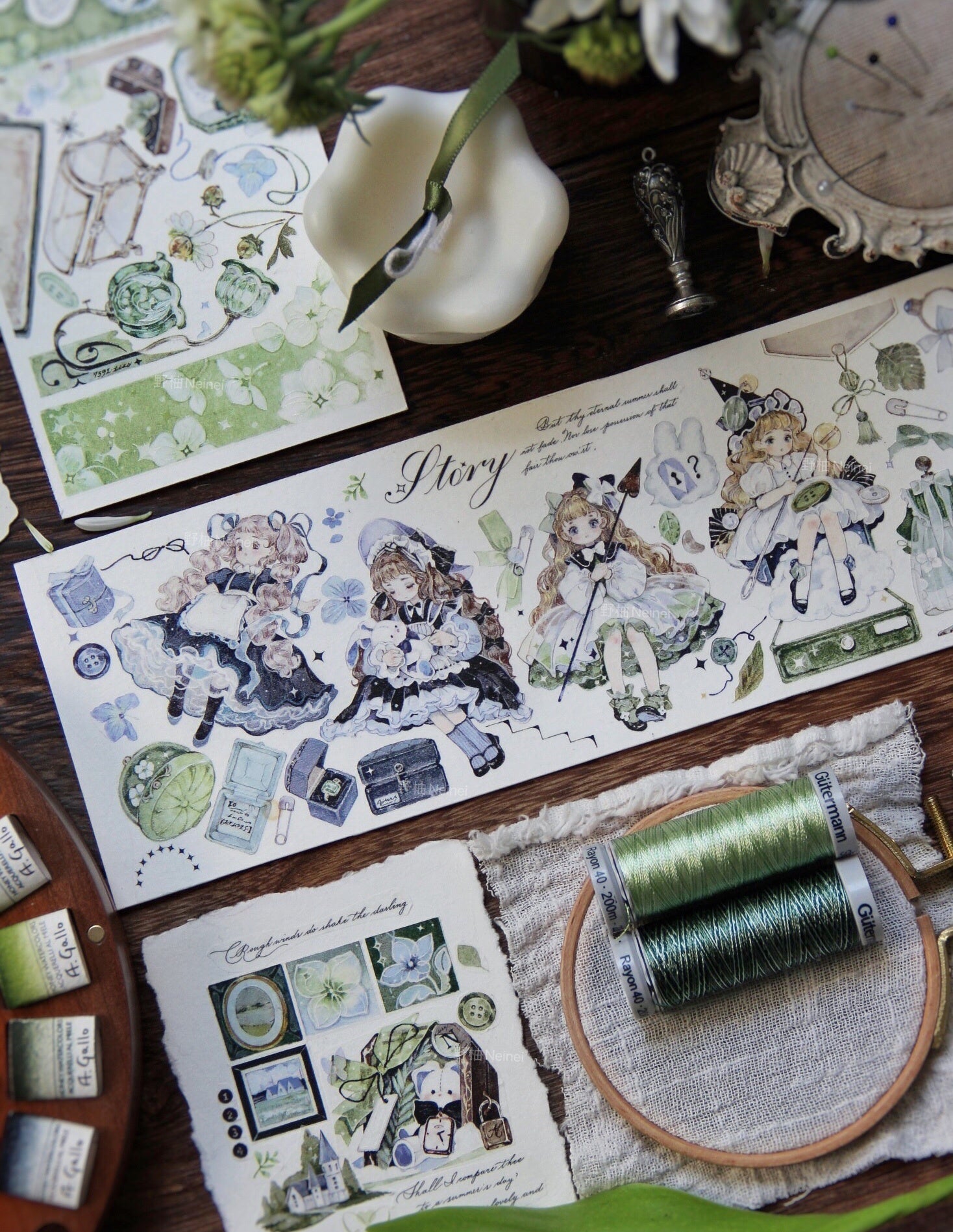 Neinei Illustration Masking Tape: Green Embroidery