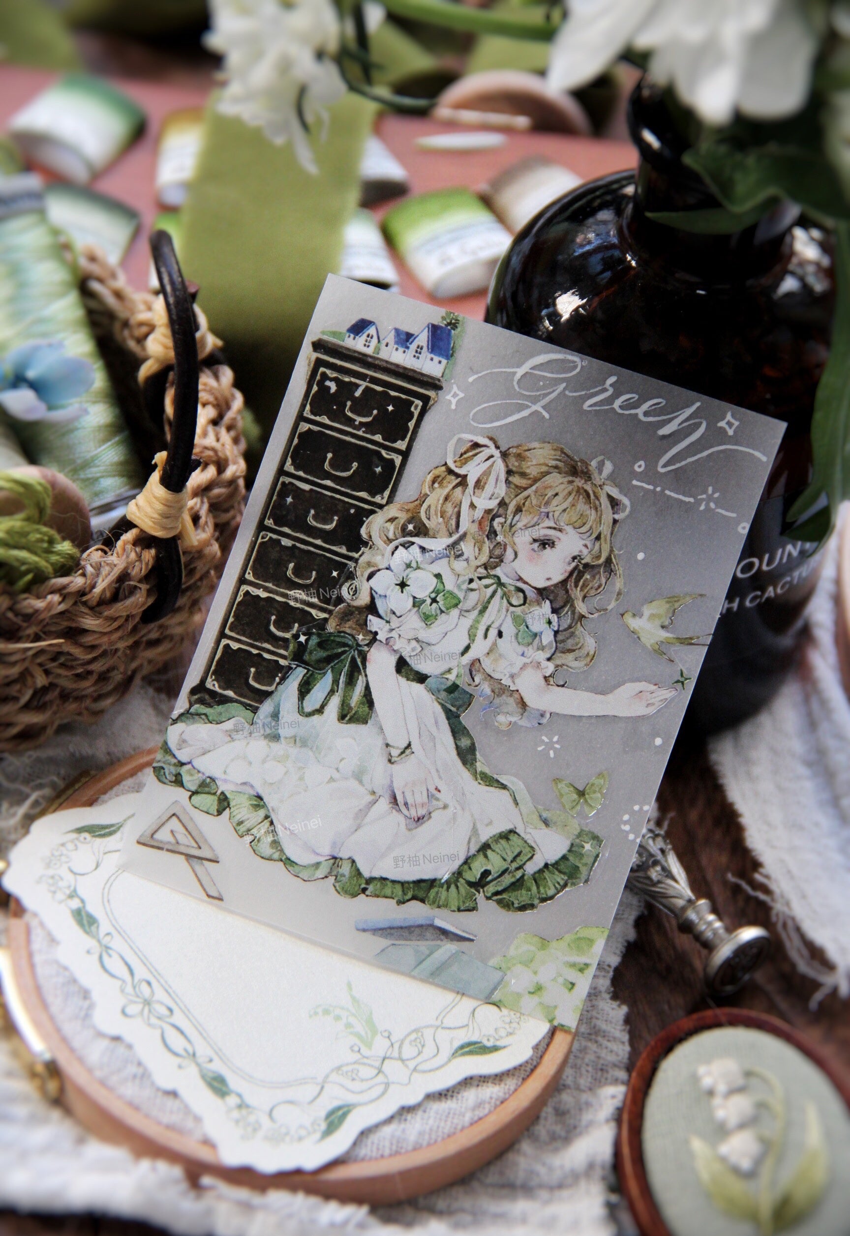 Neinei Illustration Masking Tape: Green Embroidery