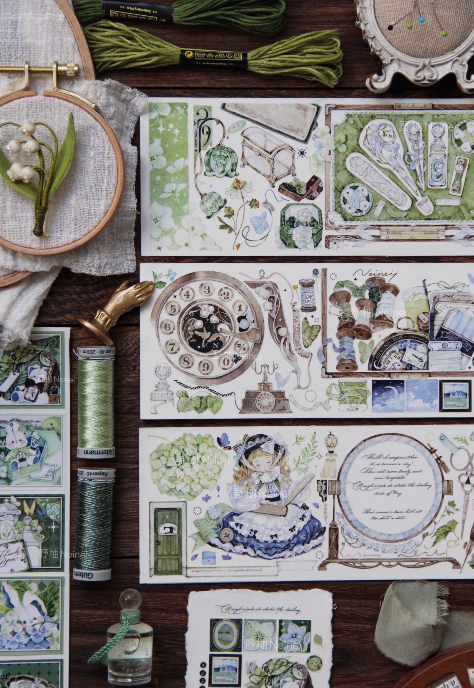 Neinei Illustration Masking Tape: Green Embroidery