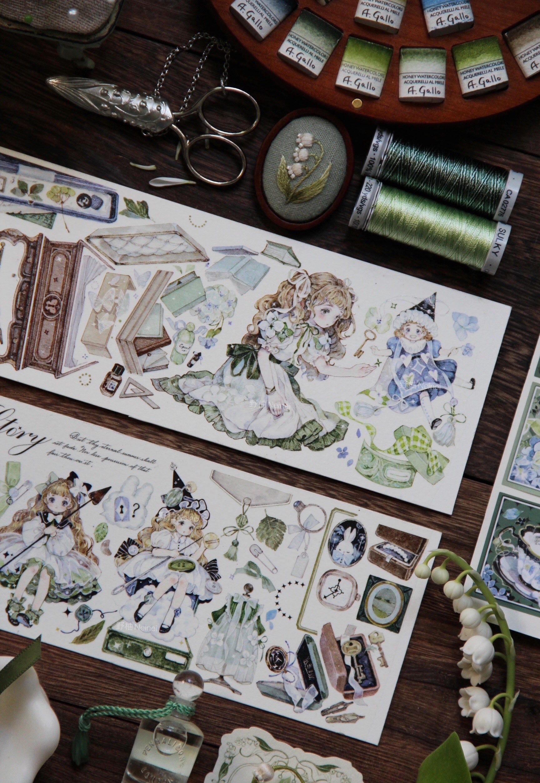 Neinei Illustration Masking Tape: Green Embroidery