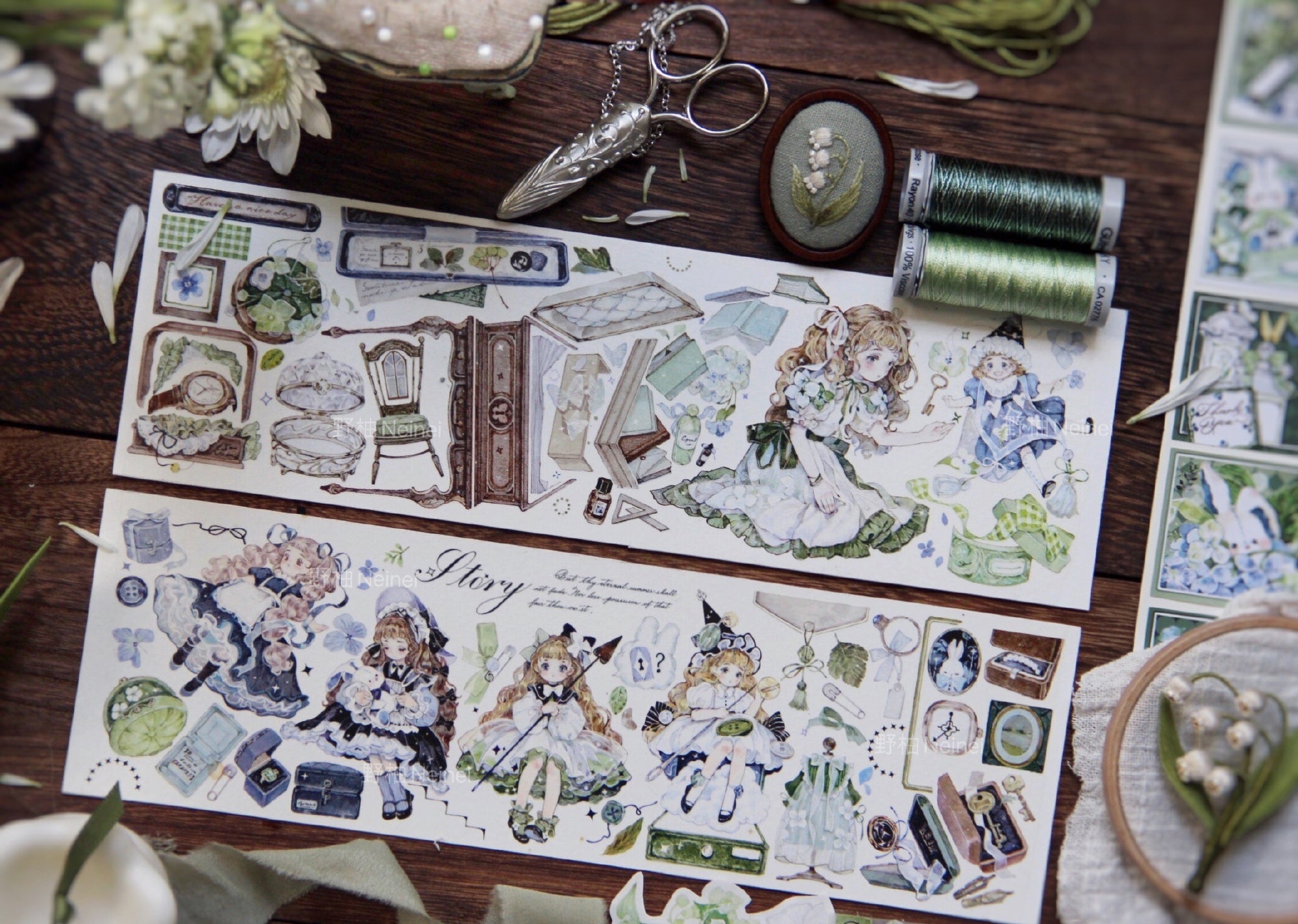 Neinei Illustration Masking Tape: Green Embroidery