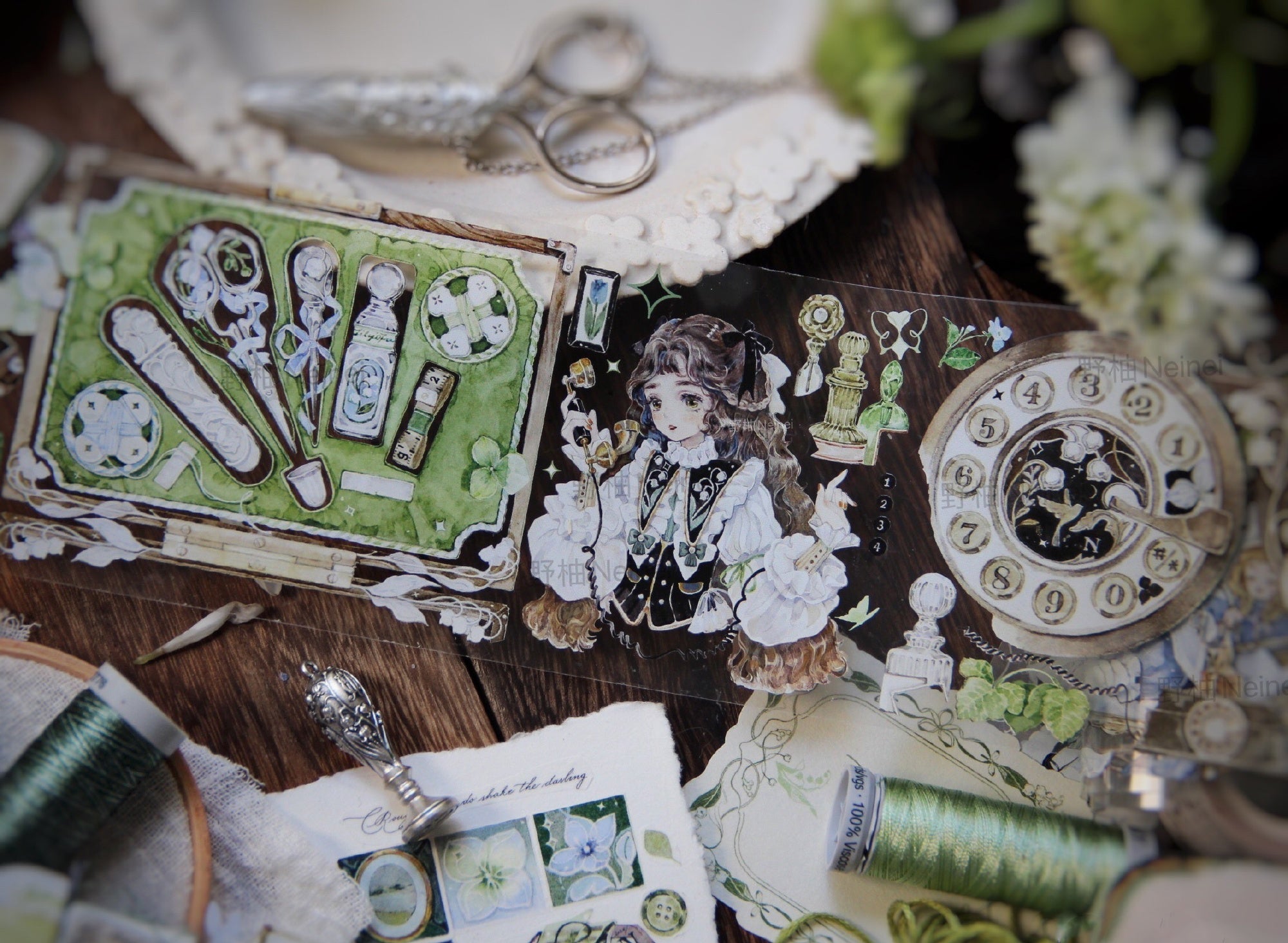 Neinei Illustration Masking Tape: Green Embroidery