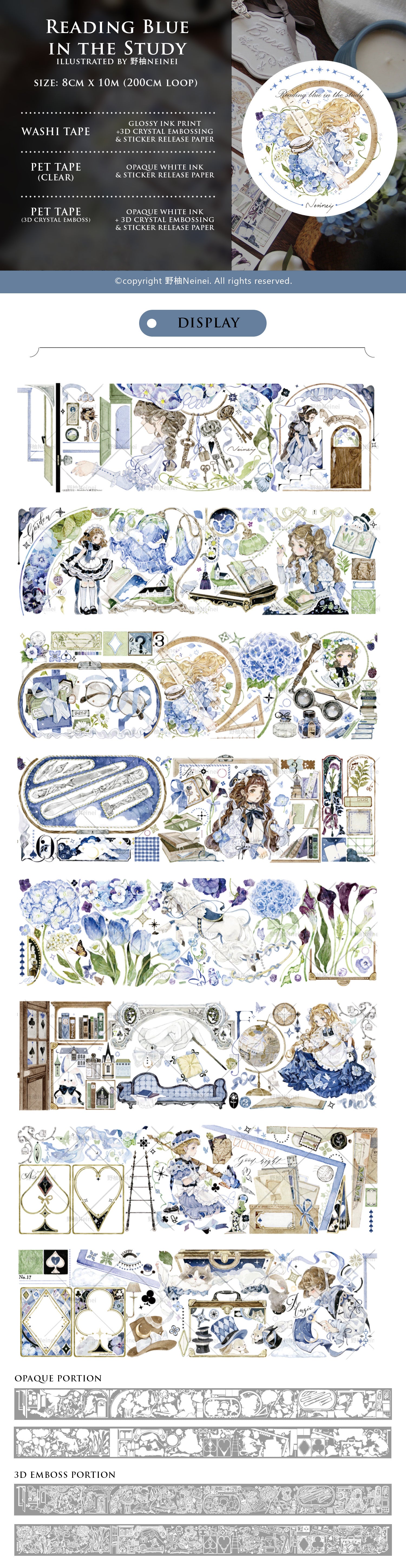 Neinei Illustration Masking Tape: Reading Blue in the Study