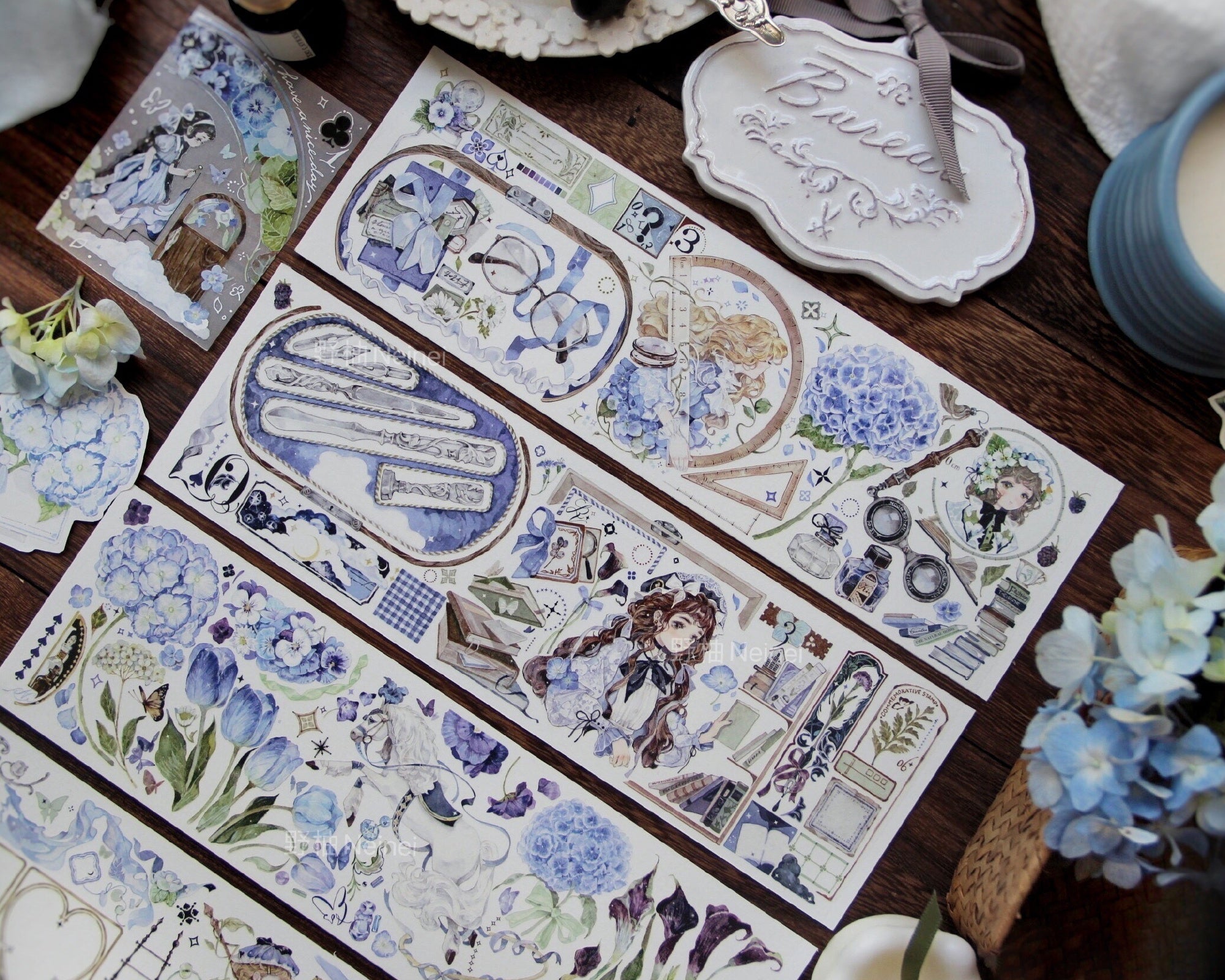 Neinei Illustration Masking Tape: Reading Blue in the Study