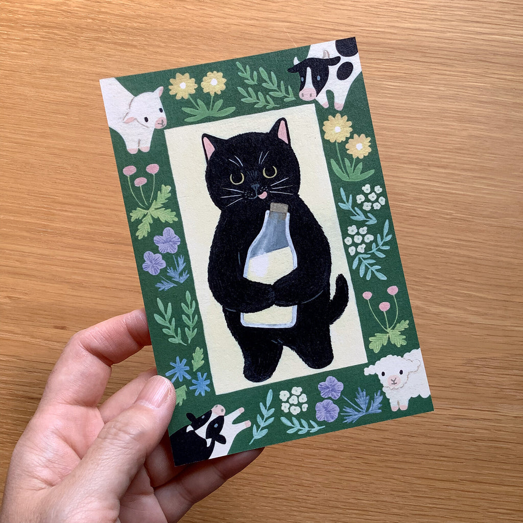 4Legs Postcard: Black Cat and Milk