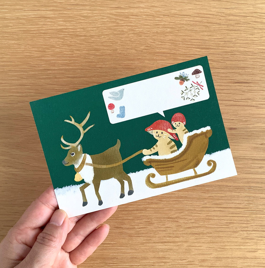 4Legs Postcard: Mushroom Cats on Reindeer Sleigh