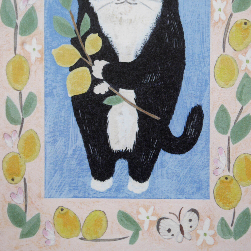 4Legs Postcard: Tuxedo Cat and Lemons