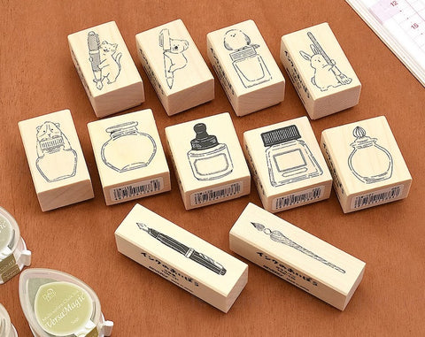 Beverly Rubber Stamp: Animals and Ink Bottles