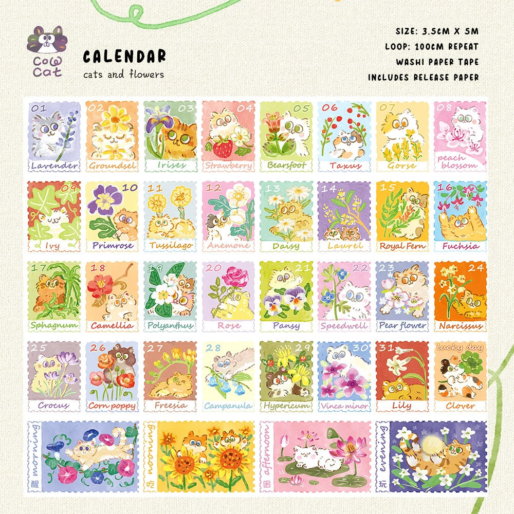 Cow Cat Washi Tape: Cats and Flowers Calendar