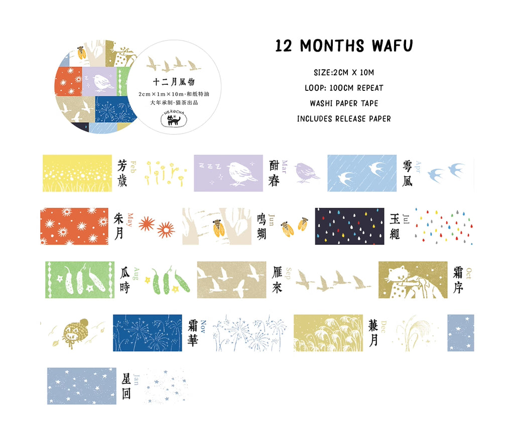 Nekocha Washi Tape: 12 Months Wafu