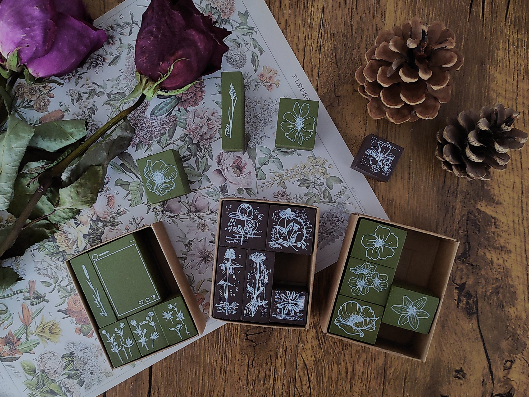 Floral Motifs Mini Wooden Stamps Set