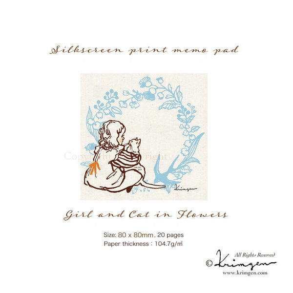 Krimgen Memo Pad: Girl and Cat in Flowers