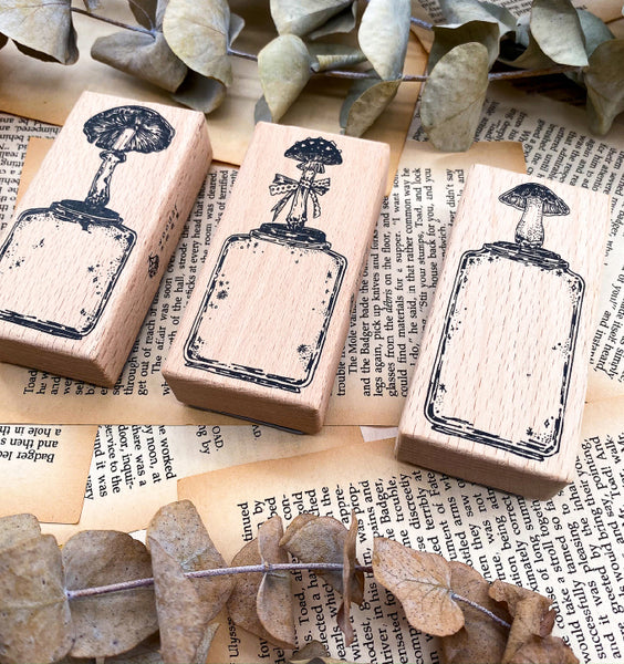 Wood3F Rubber Stamp: Mushroom Bottles 2