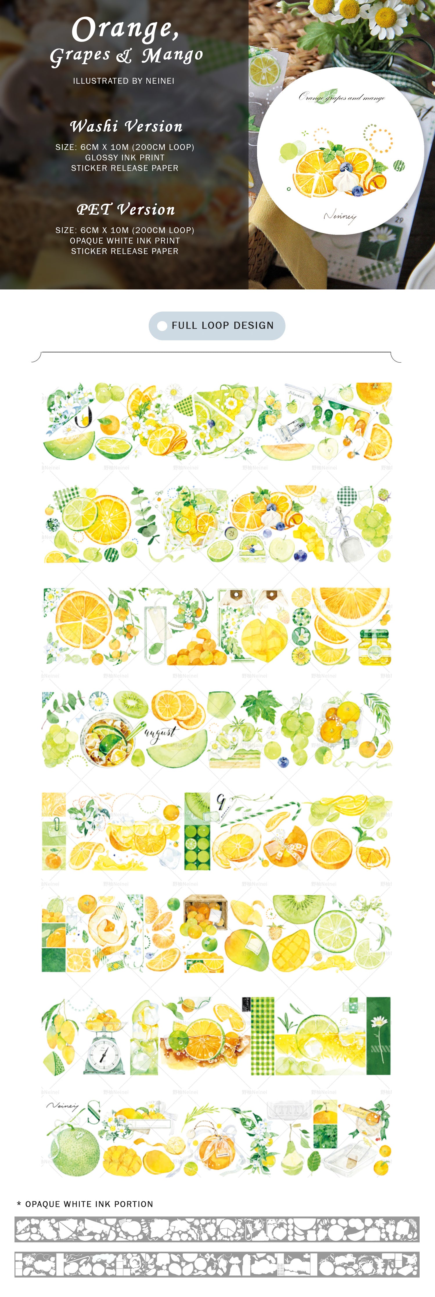 Neinei Illustration Tape Sample: Orange, Grapes, and Mango