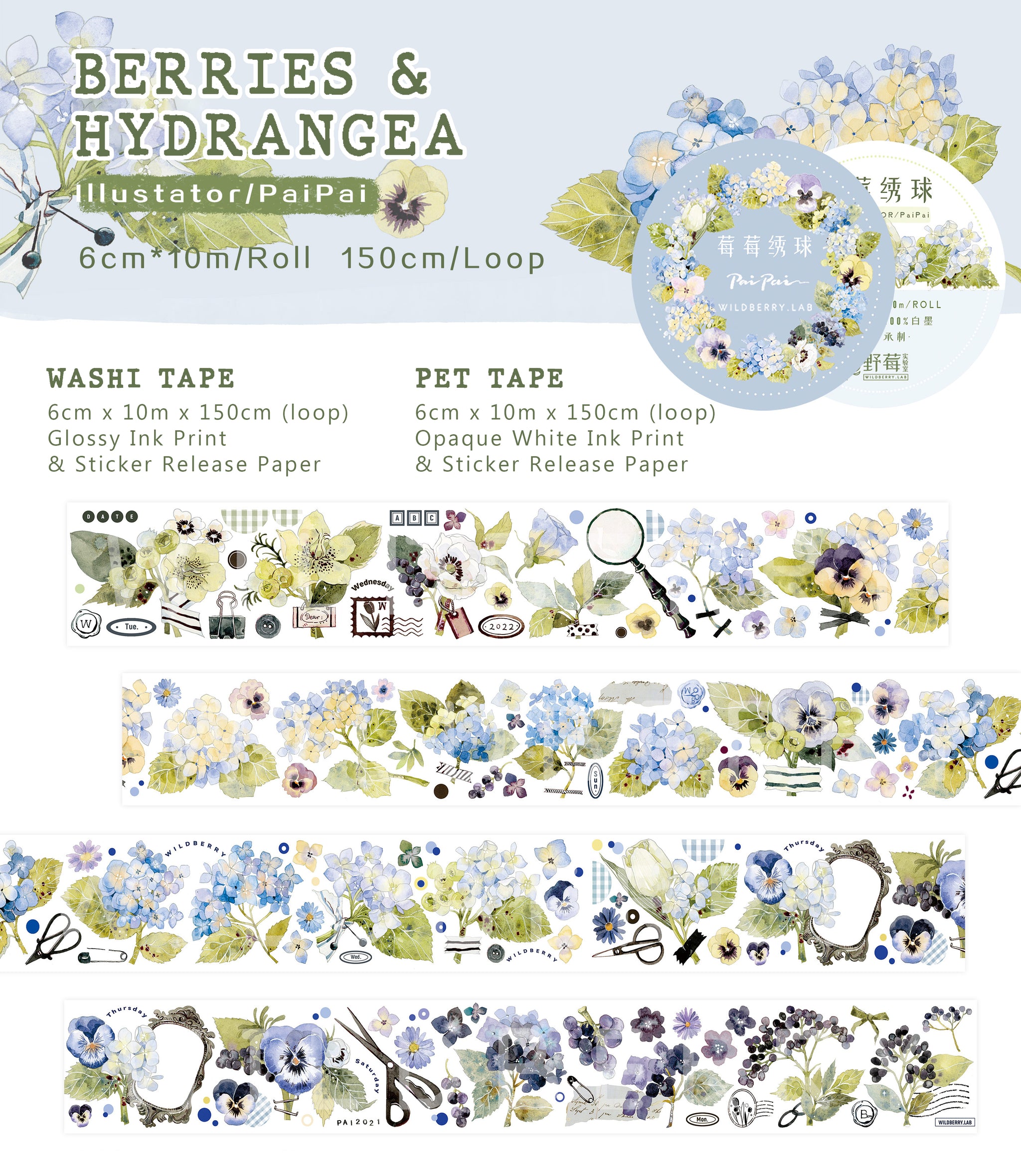 Wildberry Lab Masking Tape: Berries and Hydrangea