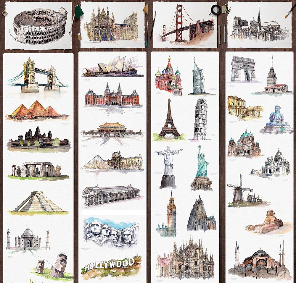 Watercolor Monuments Sticker Pack – Papergame