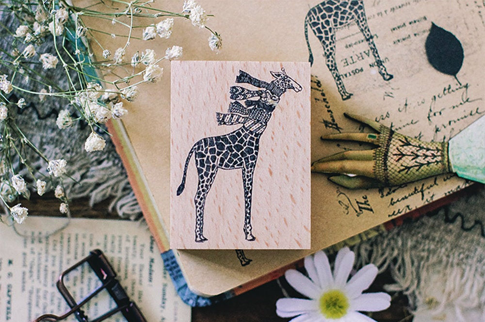 Giraffe Scarves Wooden Rubber Stamp