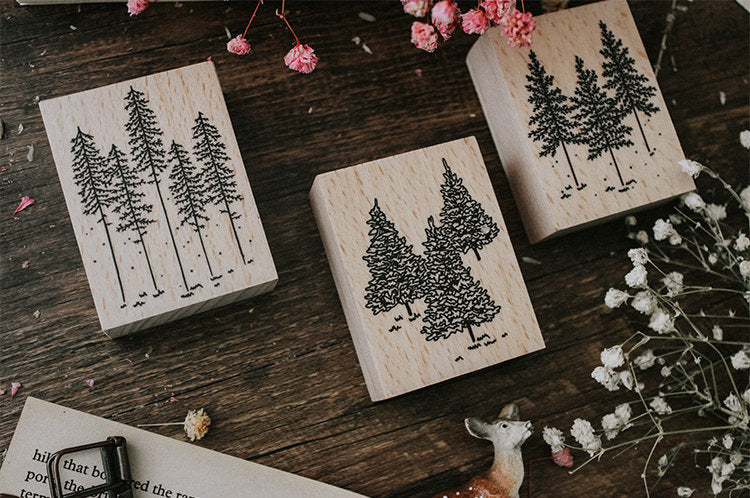 tree rubber stamps Pine Trees Wooden Stamp Set